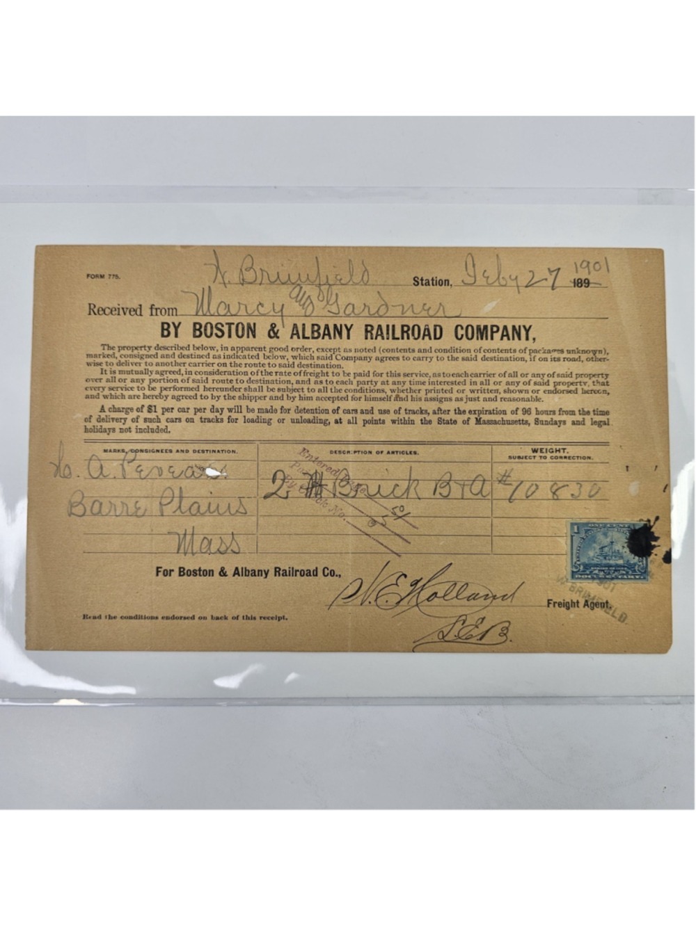 Antique 1901 Boston & Albany Railroad Freight Receipt Bill of Lading 1c Stamp MA